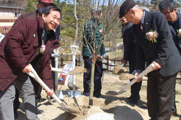 고도원(좌측) 국립산림치유원장과 (우측) 광복회 경상북도지부 회원들과 무궁화 기념식수 모습