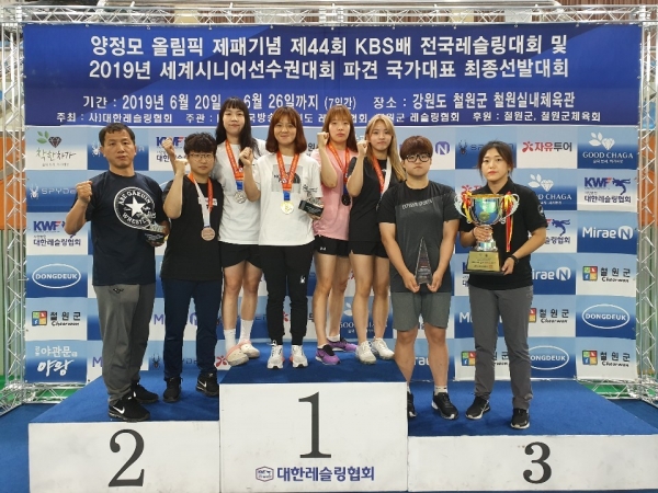 지난 21일부터 26일까지 제44회 KBS배 전국레슬링대회 및 2019년 국가대표 최종선발대회에 출전한 유성구청 소속 여자레슬링 선수들이 수상 후 기념촬영을 하고 있다. 왼쪽부터 유배희 감독, 김경은, 정은선, 오현영, 최연우, 박다솜, 김소은 선수와 홍향래 코치