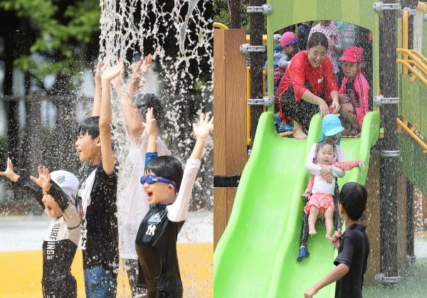 은평어린이물놀이장에서 신나게 놀고 있는 어린이들과 시민들