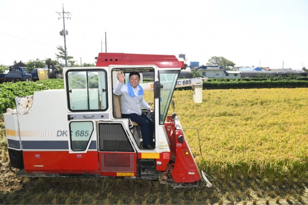 콤바인 벼베기를 하고 있는 황 군수