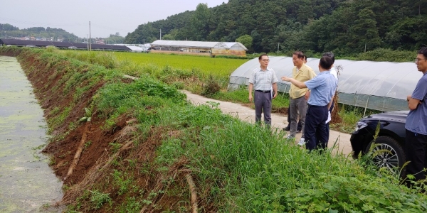 김종필 농어촌공사 충남본부장(가운데 민방위복)이 배수로 현장상황을 살펴보고 있다