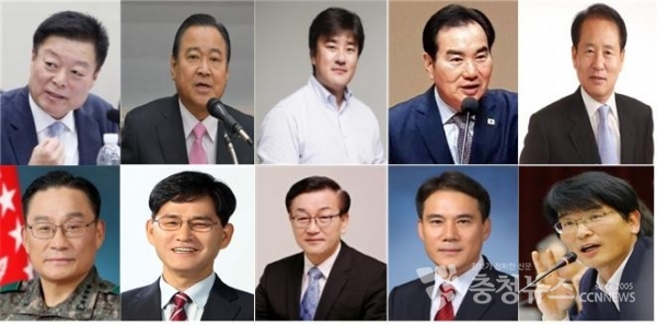 왼쪽위부터 이규희 의원, 이완구 전 총리, 유진수 인재영입위원장. 강동복 전 충남도의원, 이정원 지역위원장, 박완주 의원, 신진영 당협위원장, 윤일규 의원, 이창수 도당위원장, 박찬주 전 육군대장