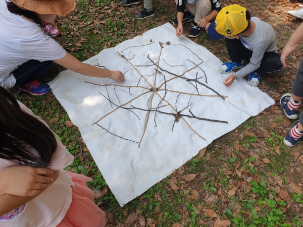 어린이들이 가을 숲 속 생태계 놀이를 하고 있다.