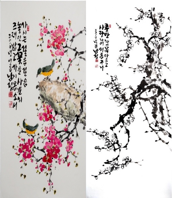 조창호 배재대 명예교수 작, 화려한 날(45x70),  늙은 가지에 하얀 매화꽃(60x137)