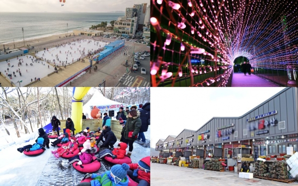 겨울 관광지 운영 장면(스케이트장, 썰매장, 천북굴단지 등)
