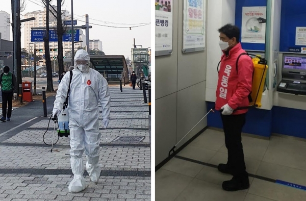 통합당 유성갑 장동혁 후보, 유성을 육동일 예비후보 방역활동 모습