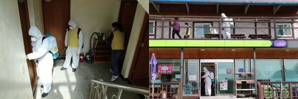 서부발전 태안발전본부 직원들이 직접 발전소 주변 다중이용시설인외부인력 숙소와 식당에 방역을 통한 자원봉사활동을 하고 있다.