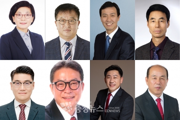(윗줄 왼쪽부터) 더불어민주당 이순열(광역‧세종9), 윤철상(광역‧충남천안5), 명노봉(기초‧아산가), 정옥균(기초‧금산나) / (아랫줄 왼쪽부터) 미래통합당 김영래(광역‧세종9), 윤종일(광역‧충남천안5), 윤원준(기초‧아산가), 최명수(기초‧금산나)