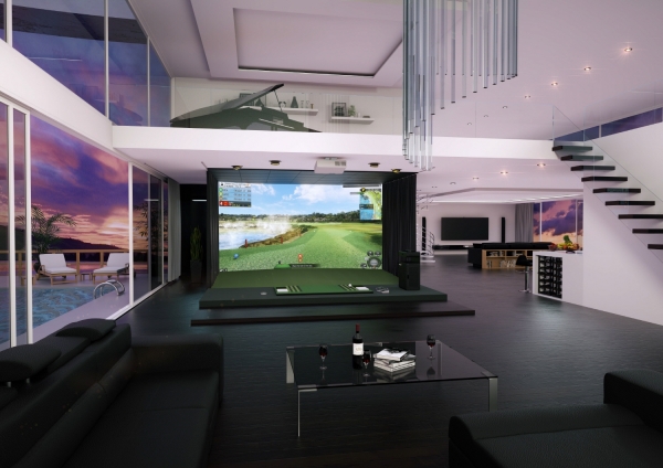 미국의 주거 공간에 설치된 골프존의 프리미엄 스크린골프 시스템 컴퓨터 그래픽 이미지