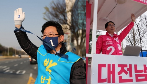 대전 서구을 국회의원 후보 아침 인사 모습. (왼쪽부터) 민주당 박범계, 통합당 양홍규 후보