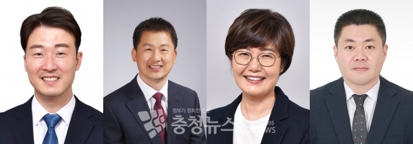 민주당 재보선 당선자. (왼쪽부터) 박수빈 대전시의원(서구6), 김동성 서구의원(나), 신혜영 서구의원(바), 송재만 유성구의원(다)
