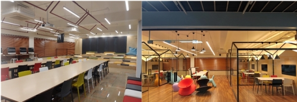놀이와 휴식 교육공간이 공존하는 디자인놀이터 모습(사진 왼쪽), 한 공간에 투명한 6개 공간을 분리해 효과적인 학습자중심의 교육공간을 구현한 디자인모임터 모습(사진 오른쪽)