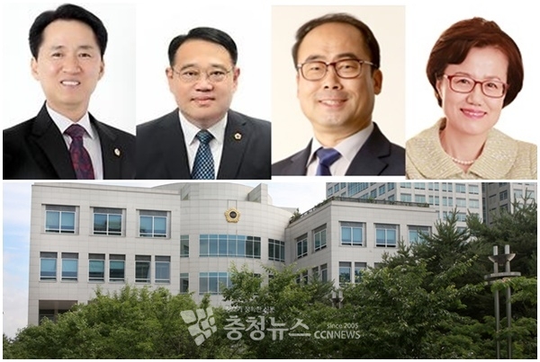 (왼쪽부터) 권중순(민) 의장 후보, 민태권(민), 조성칠(민), 우애자(통) 부의장 후보