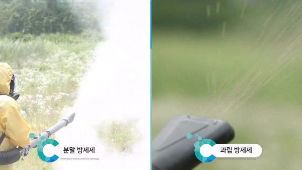 기존 분말 방제제(왼쪽)와 새로 개발된 과립 방제제 차이점 / 화학연 제공