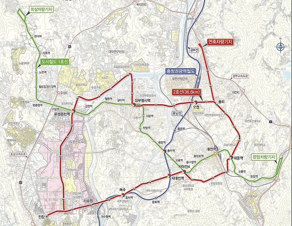 대전 도시철도 2호선 트램 노선도.
