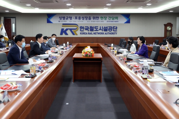 김상균 이사장(좌측열 앞쪽 2번째)과 이정옥 여성가족부 장관(우측열 앞쪽 2번째 6번째)이 20일(월) 공단 본사 사옥에서 양성평등 조직문화 정착을 위한 간담회 시행