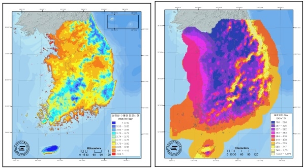 (좌) 일사량, (우) 풍력밀도-80m 높이
