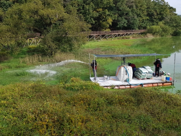 지난 13일 세종시 연서면 소재 고복저수지(용암저수지)에서 녹조 방제작업 실시