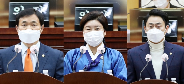 (왼쪽부터) 5분 발언 진행하는 안원기 의원과 이경화 의원, 최기정 의원.