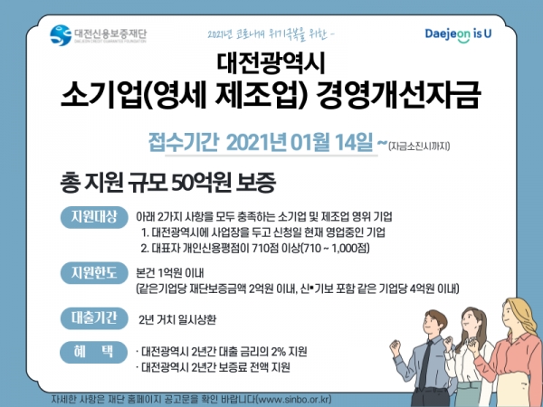 대전신용보증재단은 1월 13일부터 대전시 소기업(영세제조업)을 위한 경영개선자금 접수 진행