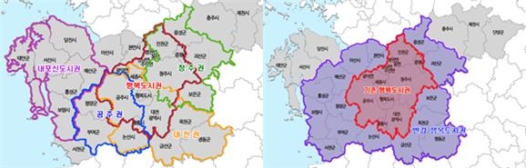 광역계획권 현황(왼쪽)과 행복도시 광역계획권 변경안