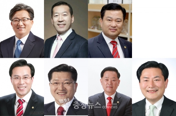 2022년 6월 1일 지방선거 대전 유성구청장 출마 예정자. (왼쪽 위부터) 정용래 유성구청장, 김동섭 전 시의원, 송대윤 전 시의원, 김문영 국민의힘 유성구을 당협위원장, 진동규 전 유성구청장, 권영진 전 유성구의원, 심소명 전 유성구청 자치행정국장