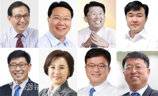 2022년 6월 1일 지방선거 충남 천안시장 출마 예상 후보군. (왼쪽 위부터) 박상돈 천안시장, 유병국 충남도의원, 김영수 충남지사 비서실장, 황천순 천안시의회 의장, 오인철 충남도의원, 김연 충남도의원, 한태선 전 후보, 이종담 천안시의원.