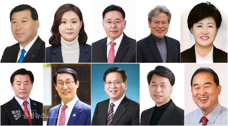 (왼쪽 위부터) 오배근 전 도의원, 최선경 전 군의원, 조승만 도의원, 정만철 농촌과자치연구소장, 조성미 풀무생협 이사장, 이종화 도의원, 이용록 전 부군수, 채헌병 전 군수, 이상근 전 군의장, 한기권 전 군의장