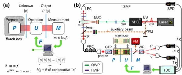 단발 측정 및 학습을 이용한 자원효율적인 양자상태 정밀측정 개념도 및 실험 구성도