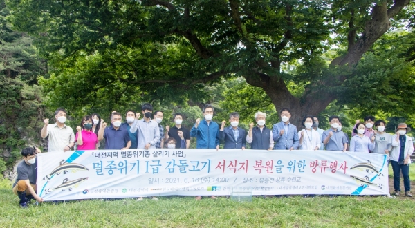 대전 유등천 상류 수련교에서 멸종위기종 1급이자 대전시 깃대종인 ‘감돌고기’ 1,500마리 방류 행사 진행