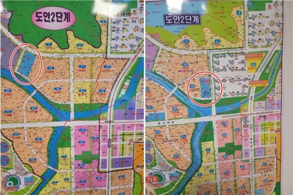 최초 계획된 복용초 예정부지(왼쪽)와 변경된 예정부지 / 유토개발 제공