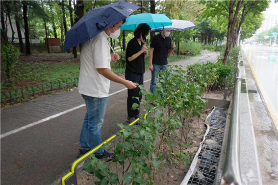 서구 문정로 도로변 식생체류지(식생, 돌망태)를 시민들이 관찰하는 모습