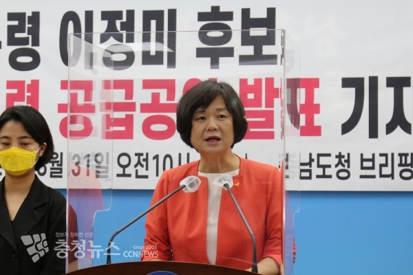 이정미 정의당 전 대표는 31일 충남도청 프레스센터에서 기자회견을 열고 2030 탄소중립을 위해 석탄화력분야와 탈탄소전력에 대한 공약을 발표했다.