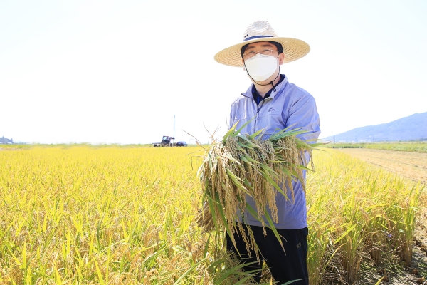 맹정호 서산시장이 15일 인지면 야당1리 들녘에서 수확한 벼를 들고 기념하는 모습