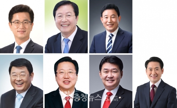 (왼쪽위부터) 허태정 대전시장, 장종태 서구청장, 박용갑 중구청장, 박성효 전 대전시장, 이장우 전 국회의원, 정용기 전 국회의원, 장동혁 유성갑 당협위원장