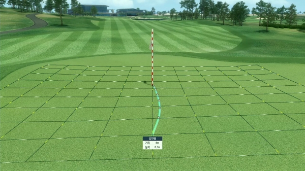 홀컵까지의 거리 예측을 골프존의 버츄얼 3D 기술을 통해 그린 격자로 구현한 대회 중계 화면 예시.