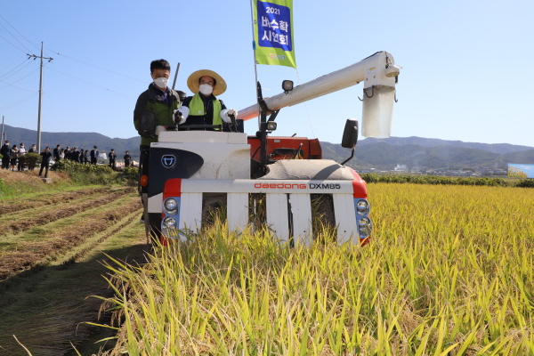 이성희 농협중앙회장이 보령시 남포면에서 벼수확 시연을 하고 있다.