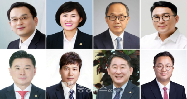 대전 서구청장 출마 예상자. (왼쪽 위부터) 김창관 서구의원, 김인식 대전시의원, 송석근 민주당 서구갑 지역위원장 직무대행, 유지곤 대전 사회적협동조합 이사장, 김경석 서구의회 부의장, 강노산 서구의원, 서철모 전 대전시 행정부시장. 조수연 국민의힘 서구갑 당협위원장.