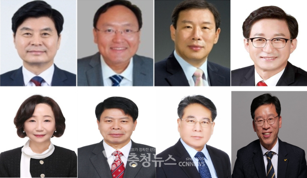 왼쪽부터 더불어민주당 이춘희 세종시장, 조상호 전 세종시 경제부시장, 국민의힘 최민호 세종시당 위원장, 성선제 변호사, 송아영 전 세종시당 위원장, 이성용 세종시당 부위원장, 정원희 세종도농융합연구원장, 정의당 이혁재 세종시당 위원장