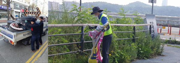 풍선 간판 정비(왼쪽), 현수막 정비