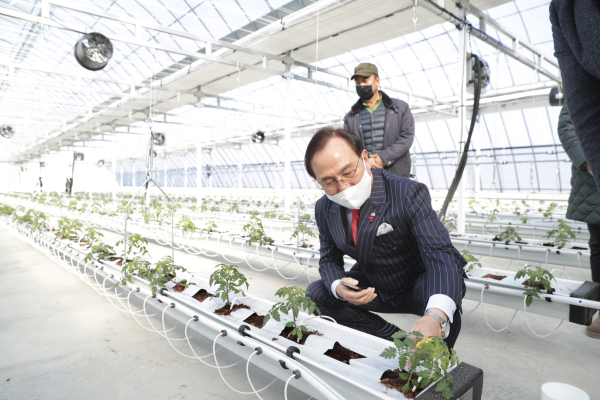 천안농협 스마트팜 지원센터를 방문해 시설을 둘러보고 있는 박상돈 천안시장