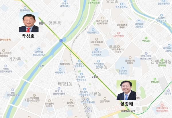 용문-서대전에 선거 캠프 사무실을 마련한 대전시장 후보군. (네이버 지도 캡처)