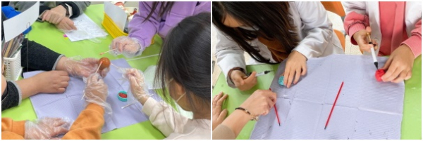 (좌)불소실험, (우)치아모형 비누를 이용한 치아홈메우기 실습