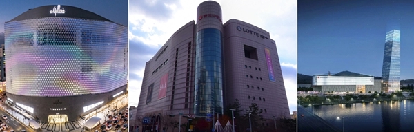 왼쪽부터 한화갤러리아타임월드, 롯데백화점 대전점, 대전신세계 Art&Science