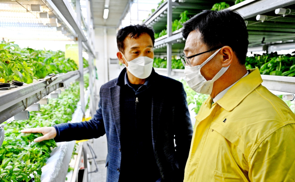 농업회사법인 ㈜온샘 방문 현장 사진  * 한국농수산식품유통공사 김춘진 사장(우측), (주)온샘 이충우 대표(좌측)