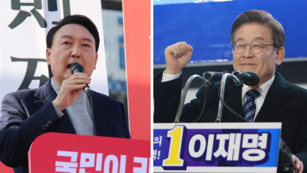 (왼쪽부터) 국민의힘 윤석열 대선 후보, 민주당 이재명 대선 후보