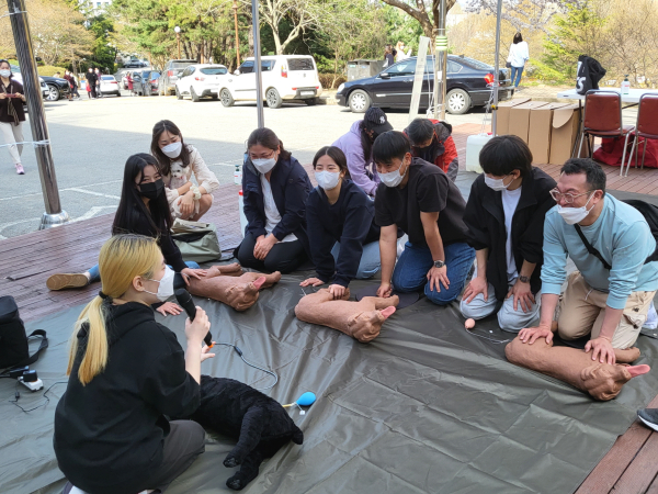 반려견 심폐소생술 교육 진행 장면