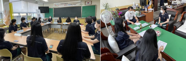 민주적 의견 수렴의 장(場)인 학생자치회 모습(왼쪽)과 교장선생님과 함께하는 ‘동방 수다 토론회’ 모습(오른쪽)