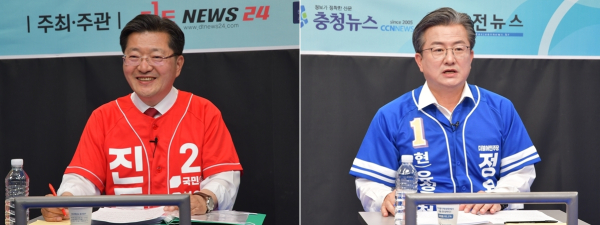 왼쪽부터 국민의힘 진동규 유성구청장 후보와 더불어민주당 정용래 유성구청장 후보(좌석순)