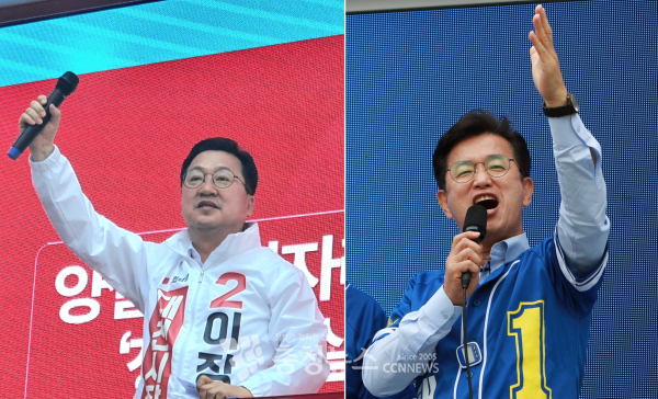 여야 대전시장 후보들이 선거운동 기간 유세를 통해 한 표를 호소하고 있다. (좌측부터) 국민의힘 이장우, 더불어민주당 허태정.